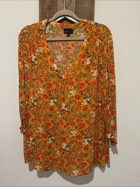 NY Collection Mustard Floral V-Neck Tunic with Red & White Blooms